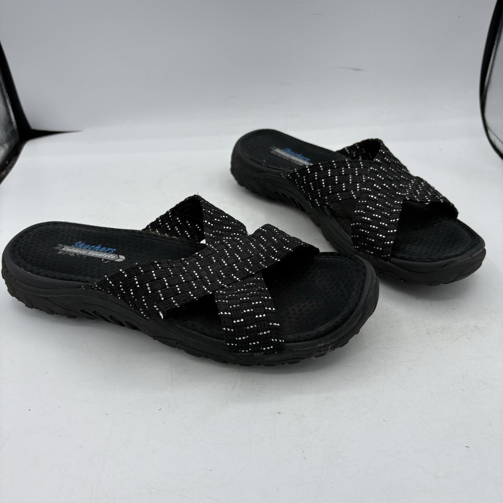 Skechers Black Crisscross Slide Sandals with Reflective Stitching